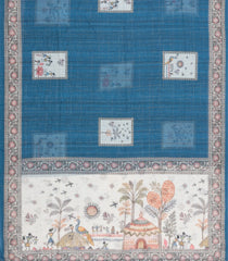 Indigo Printed Art Linen Saree With Zari Checks-BL6075