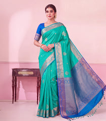 Cyan Woven Synthetic Soft Silk Saree With Zari Stripes & Motifs-SY0610