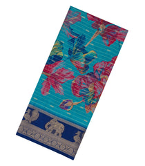 Turquoise Printed Synthetics Dola with Zari Stripes & Contrast Border-BL5149