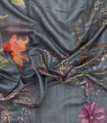 Grey Printed Art Dupion Saree With Bird Motifs-BL6140