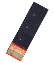 Black Handloom Kanchi Cotton Saree With Checks & Orange Silk Border-KC1523