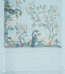Light Blue Printed Linen Saree With Peacock Motifs-LI0751