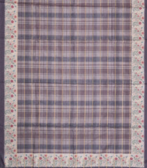 Grey Printed Synthetic Dola Silk Saree With Checks & Floral Border-SY0368