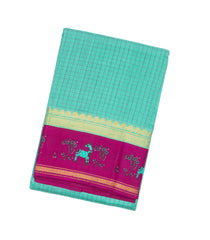 Turquoise  Handloom Chirala Silk Cotton Saree With Checks