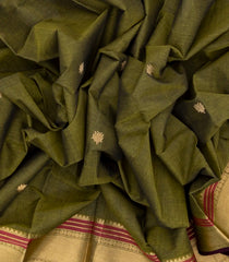 Shadow Green Handloom Kanchi Cotton Saree With Lotus Buttas