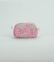 BubbleGum Pink Cotton Bagru Printed Coin Pouch With Zipper-ACS1064