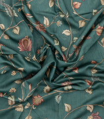 Dark Green Printed Tussar Silk Saree With Kalamkari Motifs-TU3637