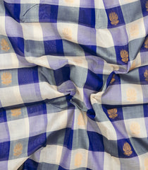 White & Blue Handloom Silk Cotton Saree With Checks & Zari Buttas-SC4625