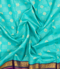 Turquoise Handloom Korvai Kanchipuram Silk Saree With Checks Buttas-KA15720