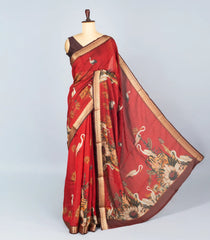 Red Woven Synthetic Viscose Saree With Printed Bird Motifs-BL4641