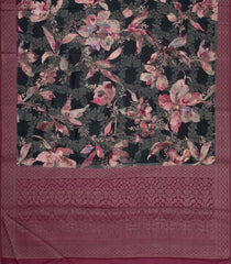Black Printed Synthetic Tussar With Contrast Zari Border-SY0285