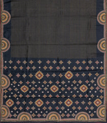 Black Printed Tussar Silk Saree With Checks & Meena Embroidered Border-TU3808
