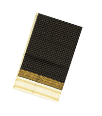 Black Handloom Korvai Silk Cotton Saree With Zari Checks & Contrast Border-SC3443