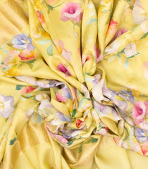 Light Yellow Handloom Silk Saree With Printed Floral Motifs & Zari Border-PS0544