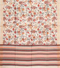 Cream Printed Tussar Silk Saree With Kalamkari Motifs-TU3593