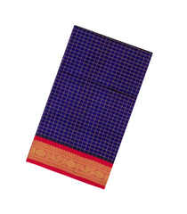 Dark Blue Handloom Korvai Silk Cotton Saree With Checks & Contrast Border-SC3873