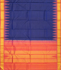 Dark Blue Handloom Kanchipuram Silk Saree With Zari Stripes & Temple Border-KA12447