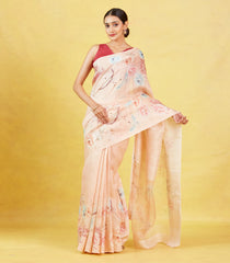 Light Peach Handloom Tussar Silk Saree With Printed Bird Motifs