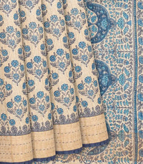 Cream Handloom Printed Tussar Silk Saree With Blue Floral Motifs-Cream