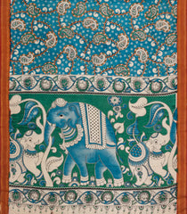 Cyan Printed Kalamkari Cotton Saree With Zari Border-KAL1227