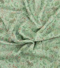 Turquoise Woven Linen Saree With Printed Elephant & Floral Motifs-LI0671