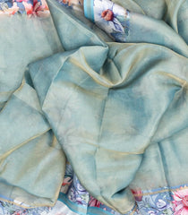 Aquamarine Woven Art Tussar Saree With Printed Floral Motifs-BL3946