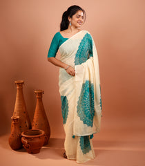 Cream Printed Synthetic Linen Saree With Floral Motifs-SY0494