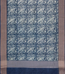 Navy Blue Printed Chanderi Cotton Saree With Zari Border-CC1521