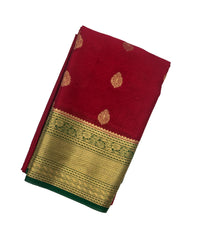 Crimson Mysore Crepe Silk Saree With Floral Motifs & Contrast Border