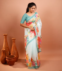 White Printed Synthetic Linen Saree With Floral Motifs & Contrast Border-SY0493