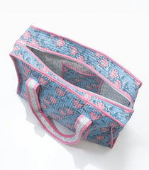 Light Blue Bagru Printed Handmade Cotton Quilted Tote Bag With Zipper-ACS1047