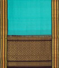 Turquoise Handloom Korvai Silk Cotton Saree With Checks & Contrast Border-SC4514