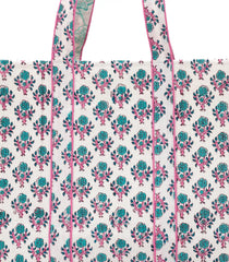 Off White Bagru Printed Handmade Cotton Quilted Tote Bag-ACS1036