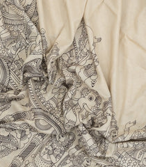 Cream Printed Kalamkari Cotton Saree With Zari Border-KAL1225