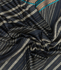 Black Woven Tussar Silk Saree With Printed Diagonal Stripes-TU3124