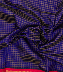 Dark Blue Handloom Korvai Silk Cotton Saree With Checks & Contrast Border-SC3873