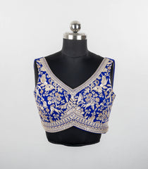 Blue Embroidered Blended Raw Silk Readymade Sleeveless Blouse RB5208