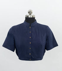 Navy Blue Chinese Collar Cotton Blouse-RB5232