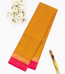 Oil Mustard Handloom Kanchipuram Silk Saree With Pink Border