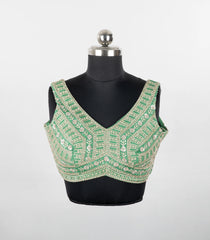 Green Embroidered Blended Raw Silk Readymade Sleeveless Blouse RB5209