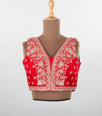 Red Embroidered Blended Raw Silk Readymade Sleeveless Blouse RB5202
