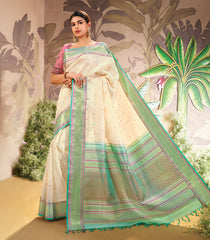 White Handloom Lino Silk Saree With Meena Buttas