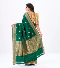 Dark Green Handloom Banarasi Silk Saree With Gold & Silver Zari Buttas