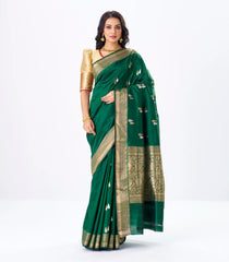 Dark Green Handloom Banarasi Silk Saree With Gold & Silver Zari Buttas