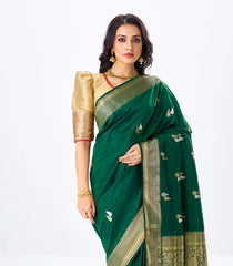 Dark Green Handloom Banarasi Silk Saree With Gold & Silver Zari Buttas