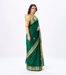 Dark Green Handloom Banarasi Silk Saree With Gold & Silver Zari Buttas