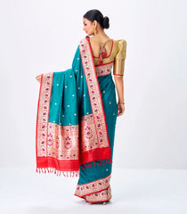 Cyan Handloom Banarasi Silk Saree With Coin Buttas & Red Border