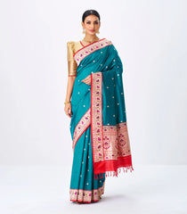 Cyan Handloom Banarasi Silk Saree With Coin Buttas & Red Border