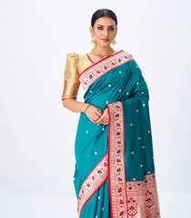 Cyan Handloom Banarasi Silk Saree With Coin Buttas & Red Border