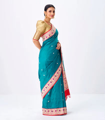 Cyan Handloom Banarasi Silk Saree With Coin Buttas & Red Border